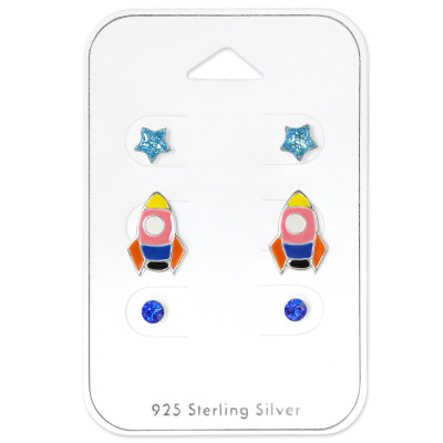 Silver Outer Space Ear Studs Set with Crystal and Epoxy on Card